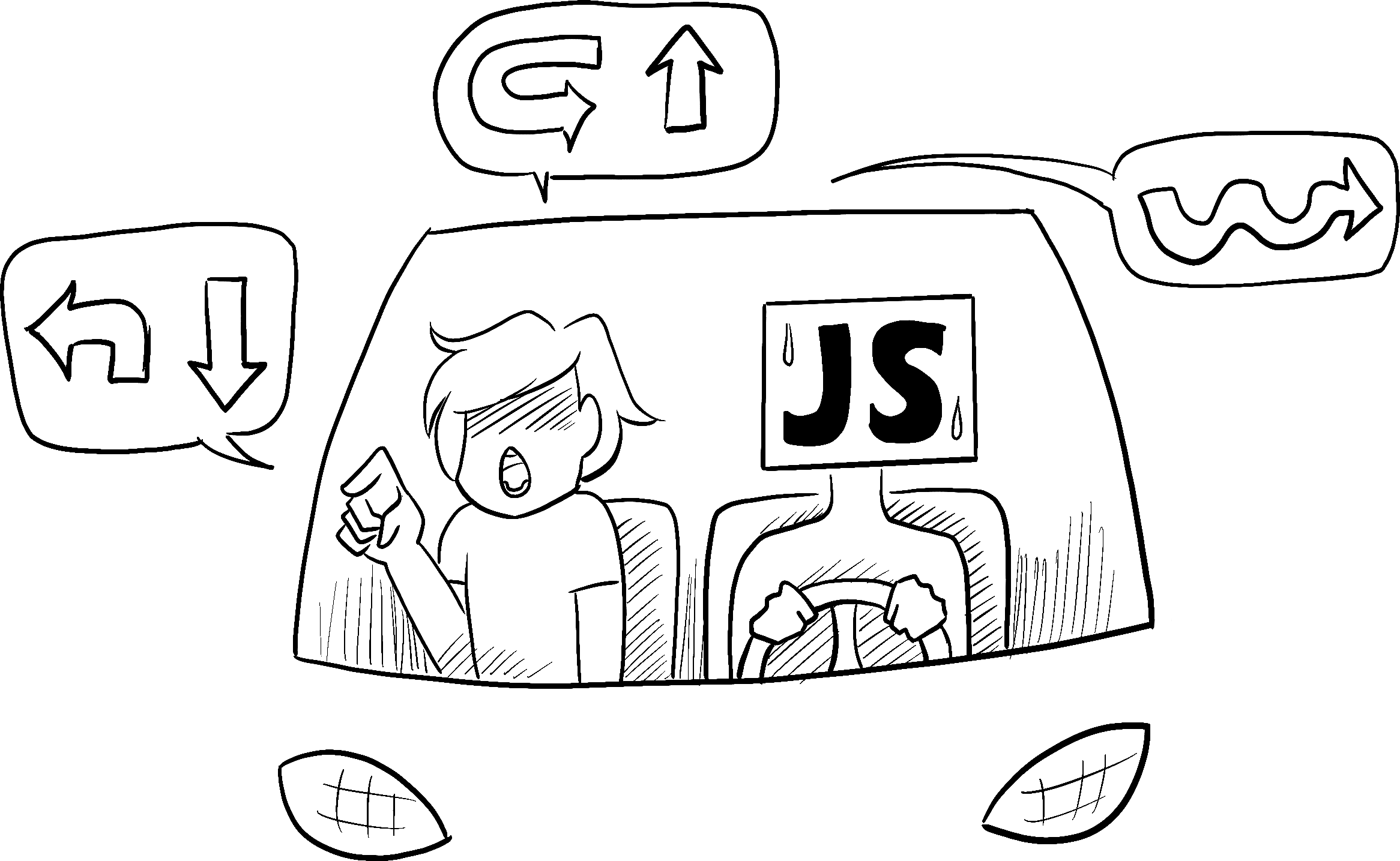 U autu koji vozi osoba uznemirenog izgleda koja predstavlja JavaScript, putnik naređuje vozaču da izvrši niz komplikovanih skretanja.